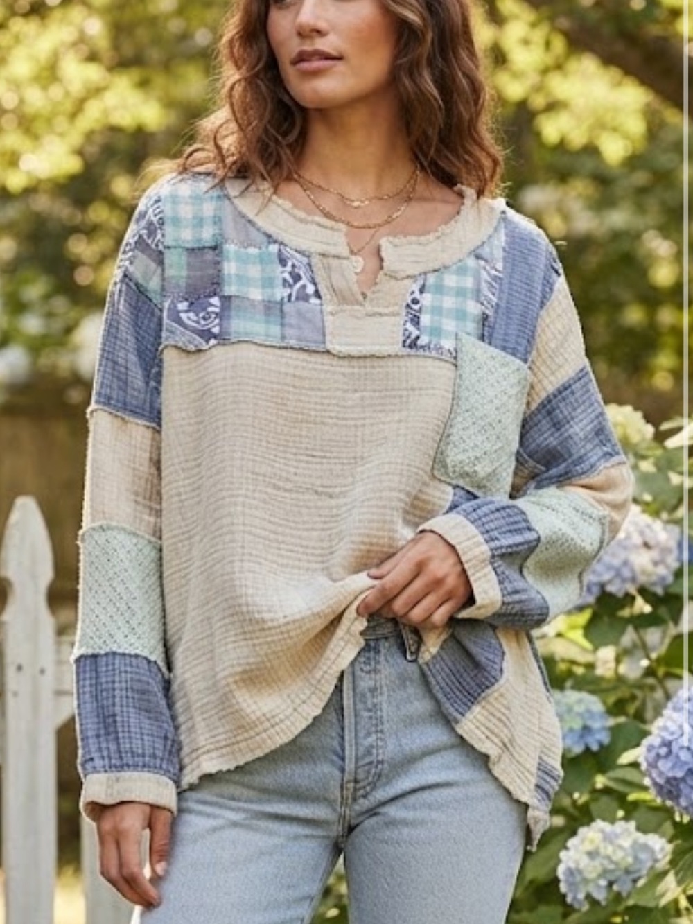 easel Patchwork Scoop-Neck Long Sleeve Top in Cream, Blue & Mint